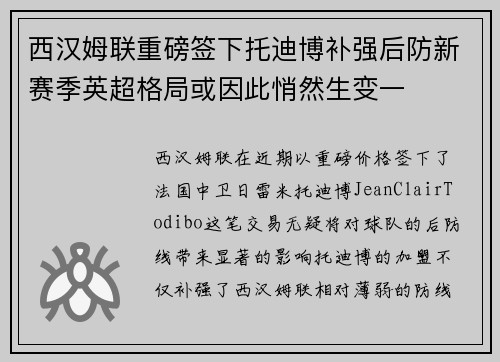 西汉姆联重磅签下托迪博补强后防新赛季英超格局或因此悄然生变一